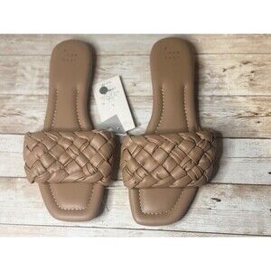 A New Day Sandals Womens Size 8.5 Tan Carissa Woven Strap Open-Toe Slide Flats
